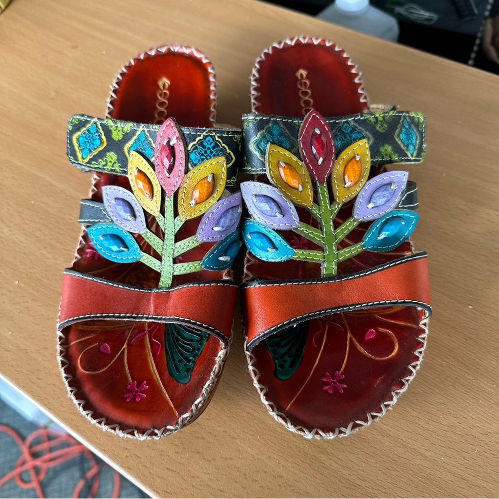 Socofy Leather Boho Floral Sandals Wedges - Picture 2 of 8